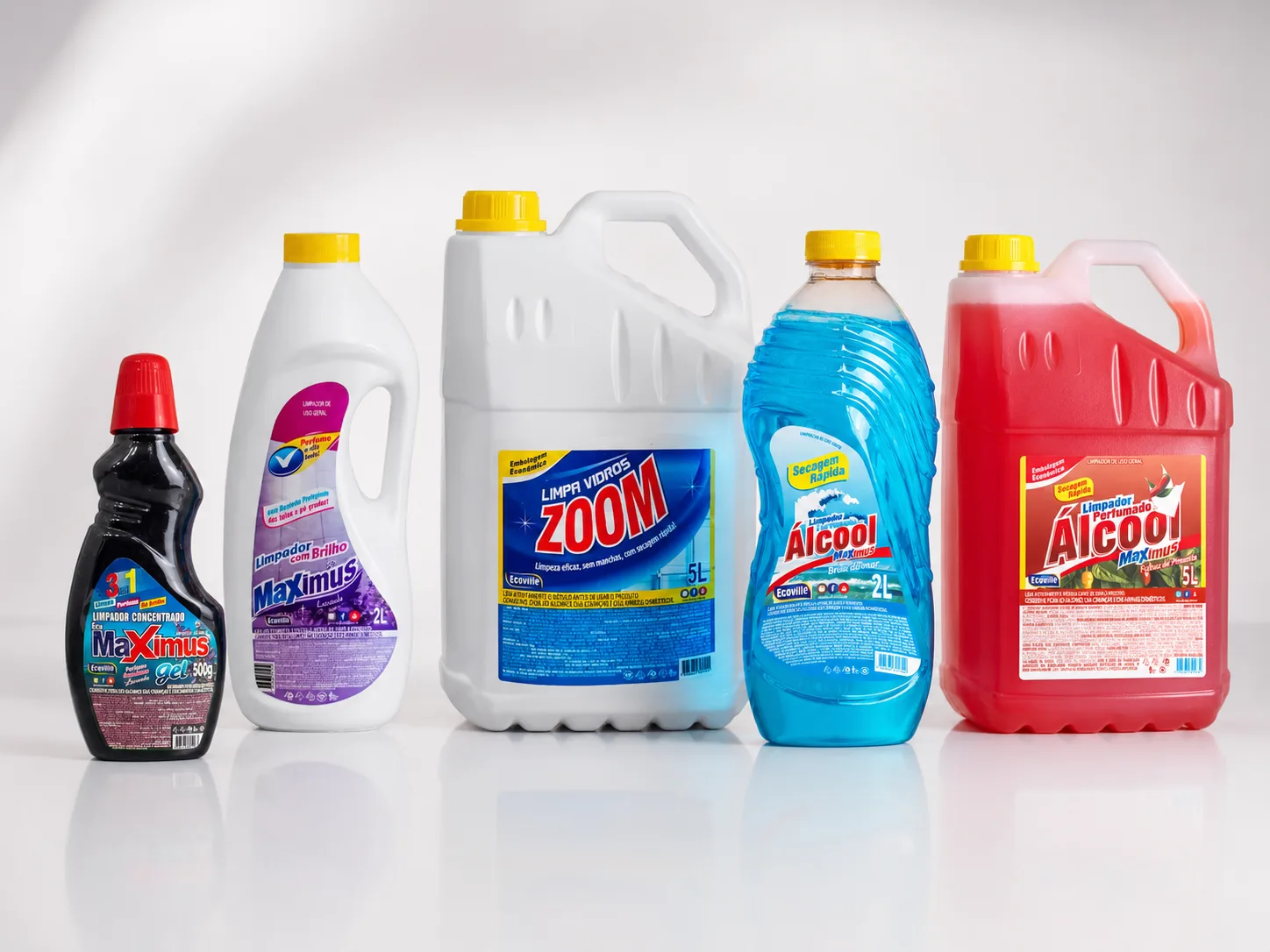 Linha de álcool profissional Ecoville: Maximus Gel, Maximus Limpador com Brilho, Zoom Limpa Vidros, Álcool Maximus e Álcool Maximus 5L