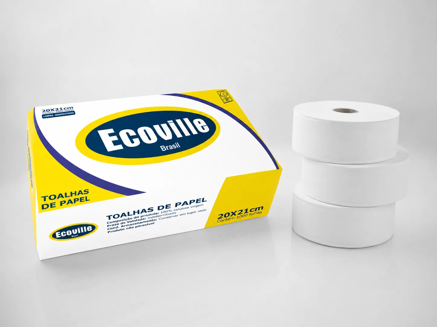 Toalhas de papel industrial Ecoville, caixa com rolos 20x21cm de 1000 folhas