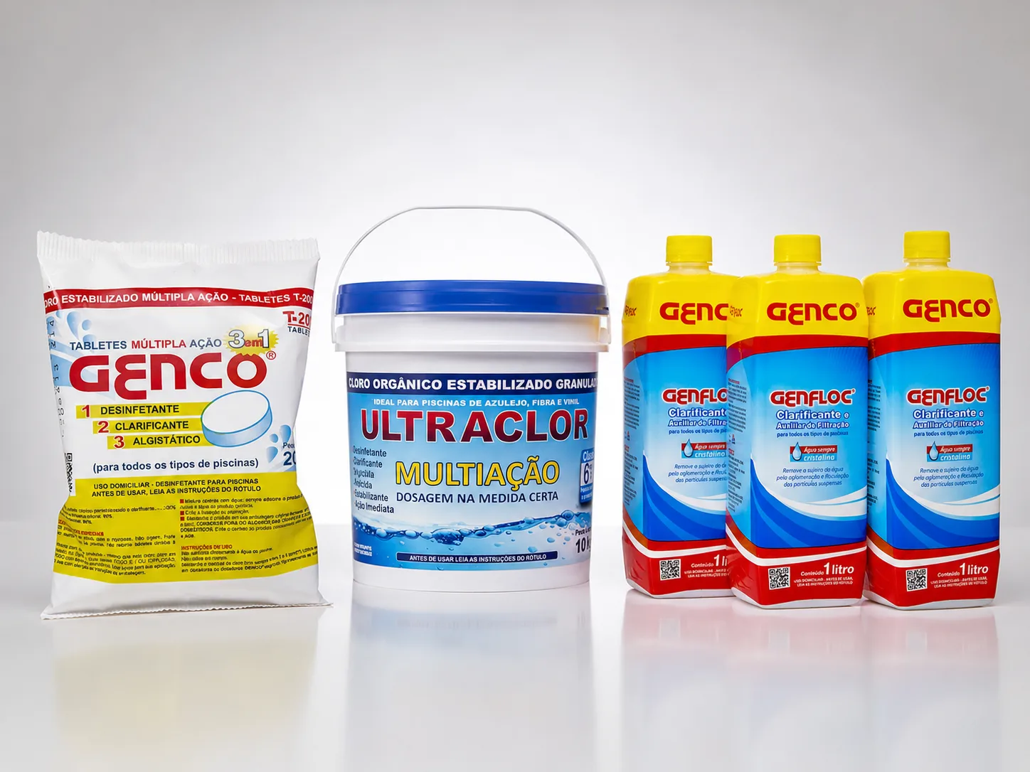 Linha de produtos para piscina Ecoville: Genco tabletes 3 em 1, Ultraclor multiação e Genfloc clarificante