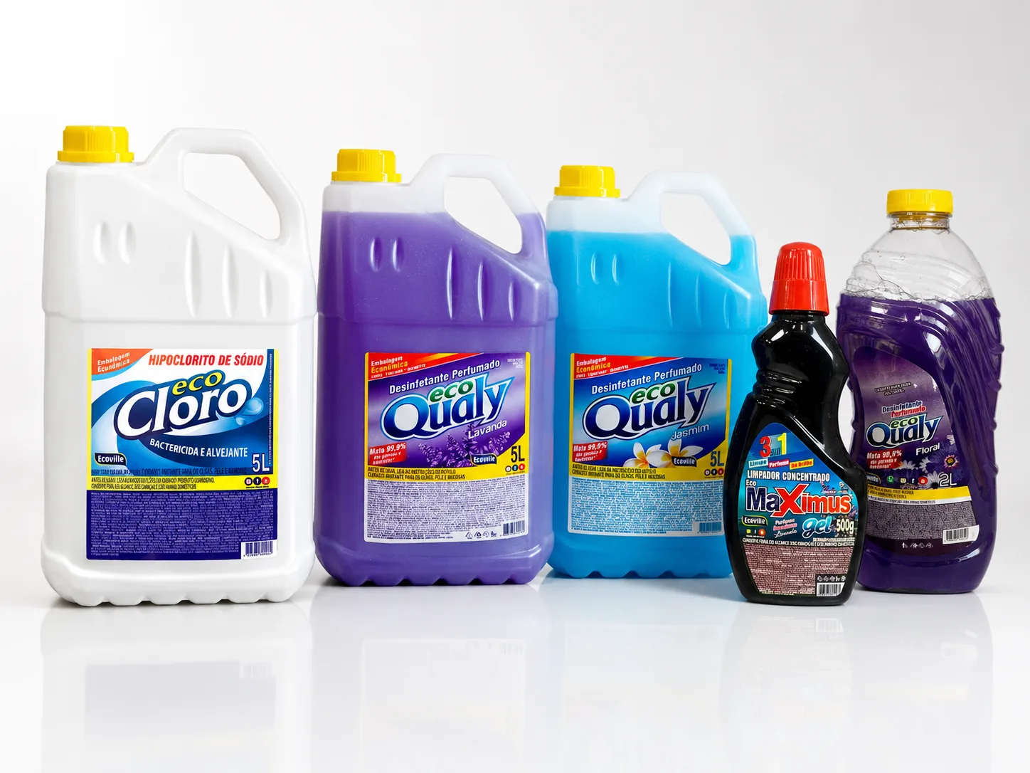 Linha de sanitizantes e desinfetantes Ecoville: Eco Cloro, Eco Qualy Lavanda, Jasmim e Floral, Maximus Gel 3 em 1